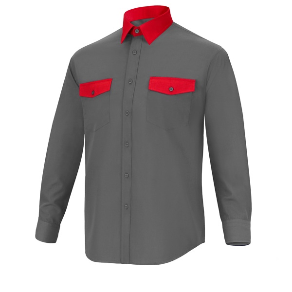 Camisa manga larga poliéster-algodón,  2 bolsillos Cargo Vesin Bicolor gris-rojo.